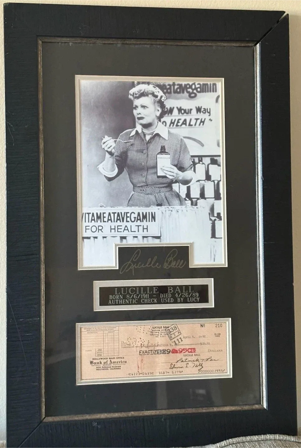 Lucille Ball Framed Authentic Check