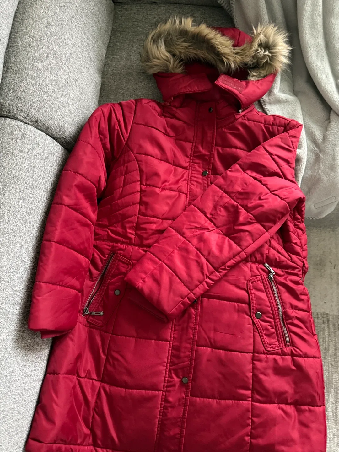 Red Puffer Coat with Faux Fur Hood