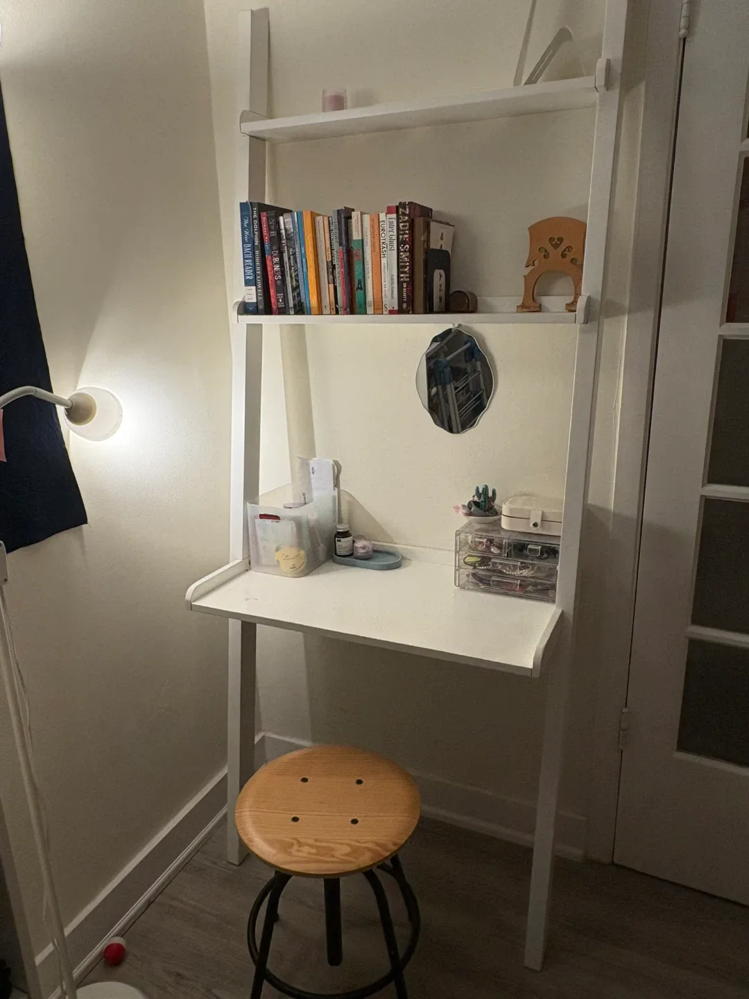 CB2 White Ladder Desk with shelves