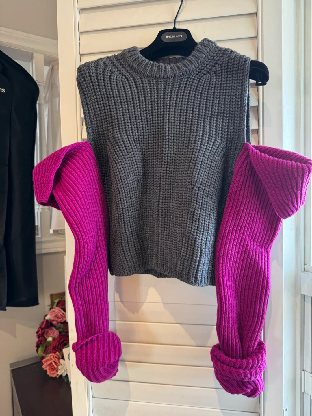 Calvin Klein Grey Knit Vest with Pink Sleeves