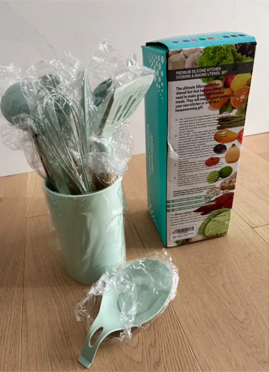 10 Pcs Premium Silicone Kitchen Utensil Set w Wood Handles NEW