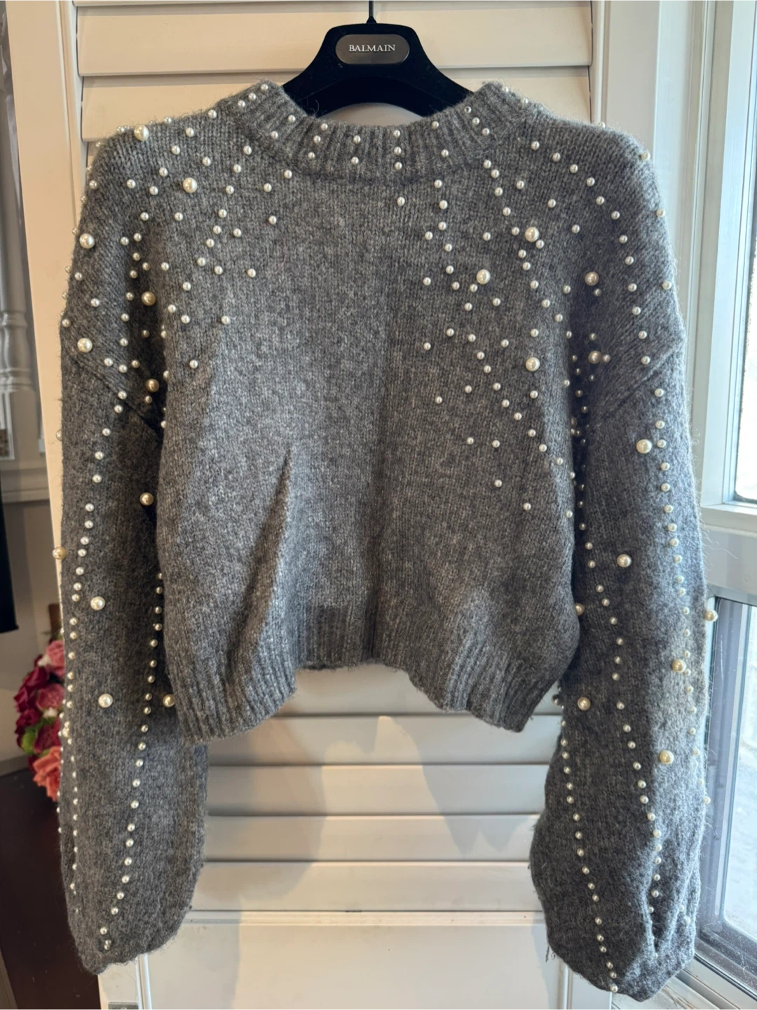 Zara Knit Grey Sweater with Pearls - Size S