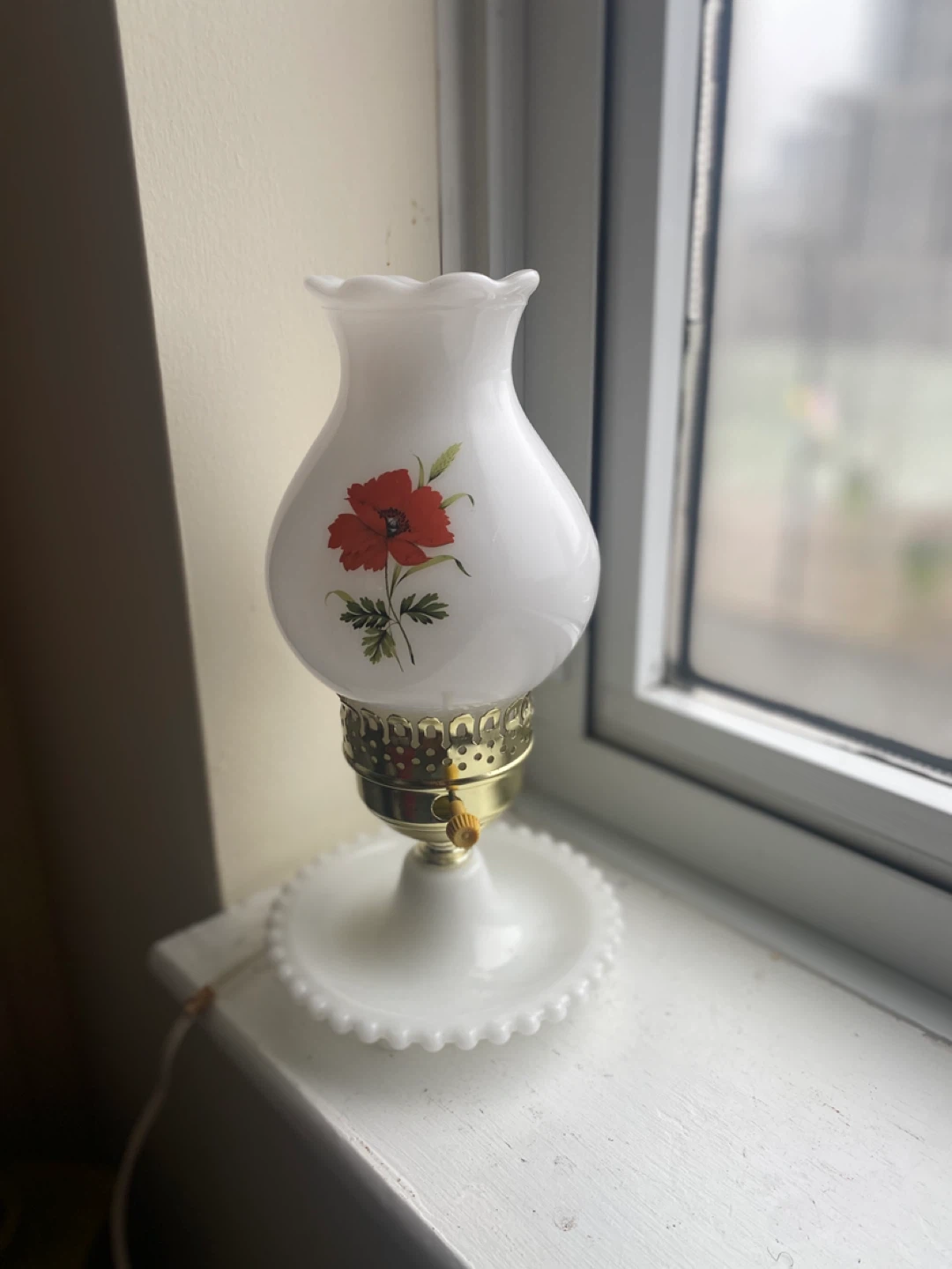 Vintage Milk Glass Lamp with Red Floral Design (2 each )