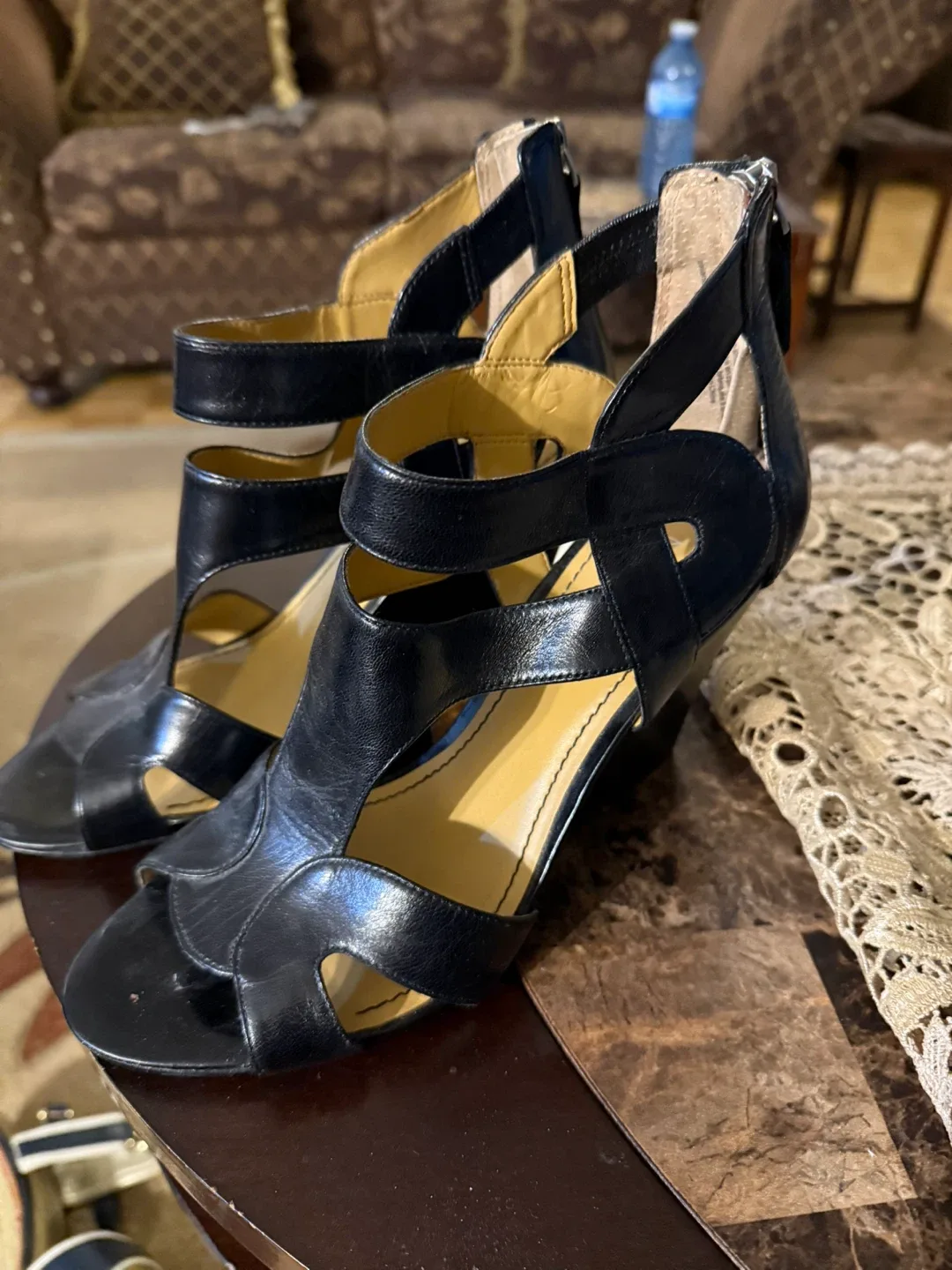 Nine West Black Leather Wedge Heels, Size 9 image indicator(3)