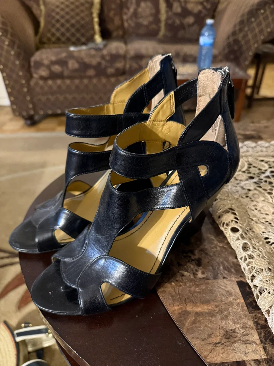 Nine West Black Leather Wedge Heels, Size 9 image indicator(2)