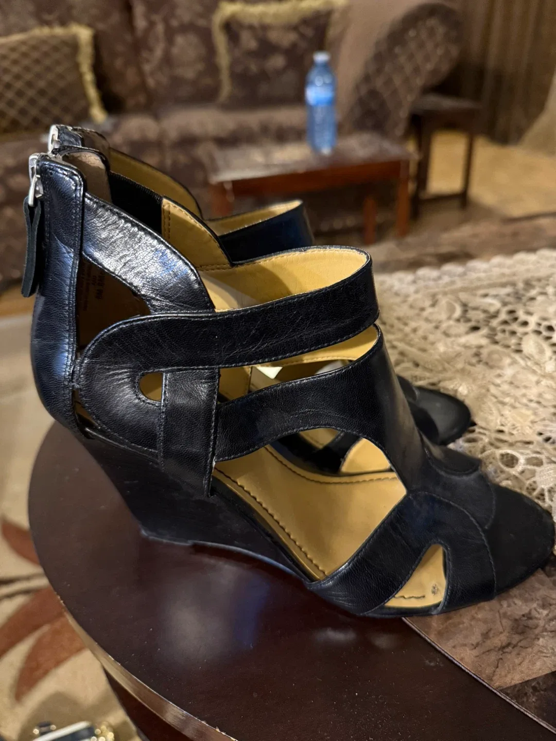 Nine West Black Leather Wedge Heels, Size 9