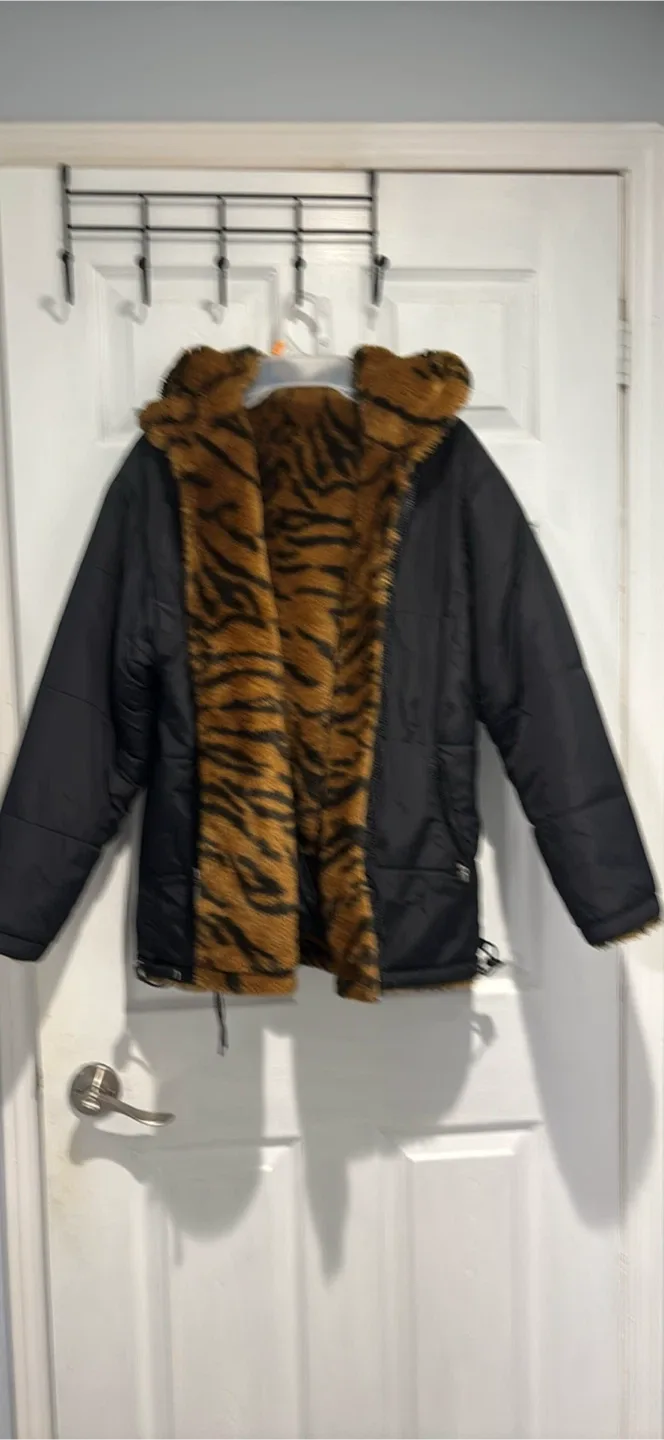 Black Puffer Jacket with Tiger Print