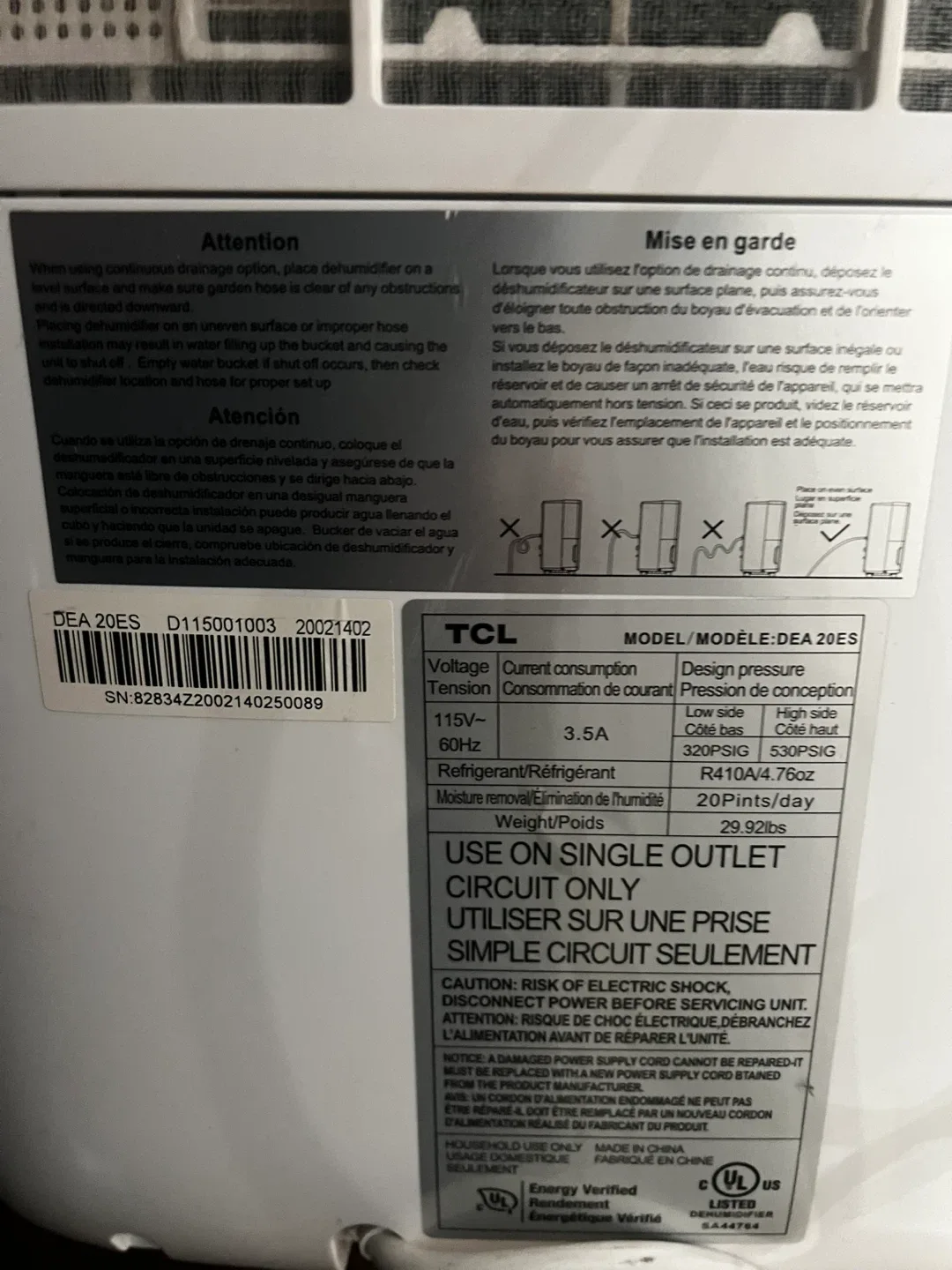 TCL DEA20ES Dehumidifier - 20 Pints/day image indicator(4)