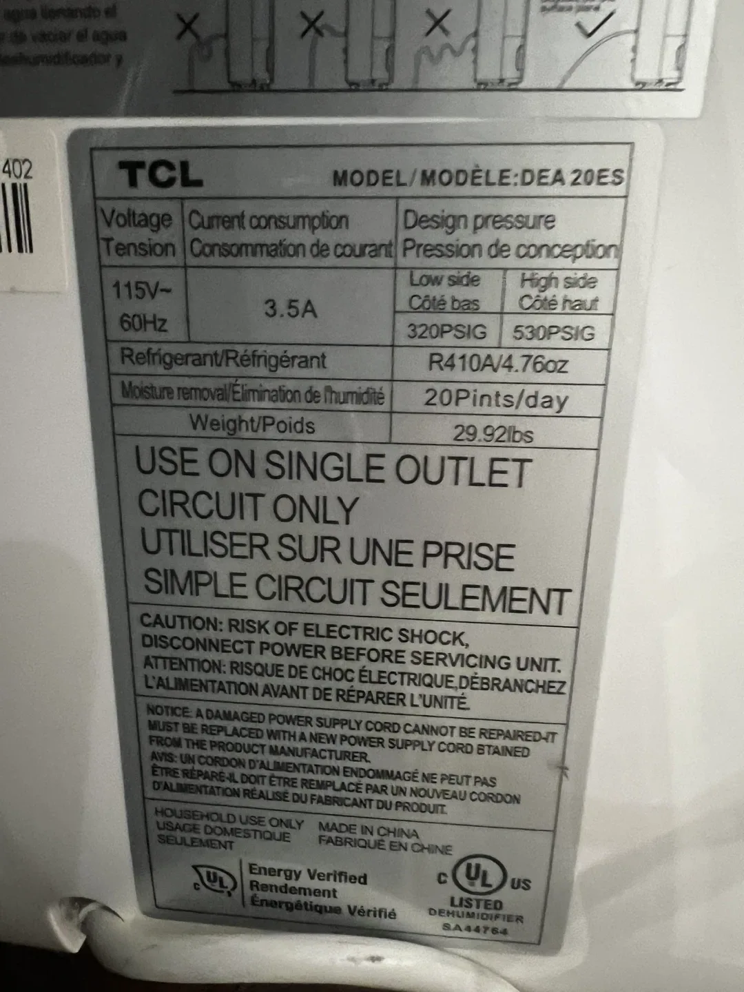 TCL DEA20ES Dehumidifier - 20 Pints/day image indicator(3)