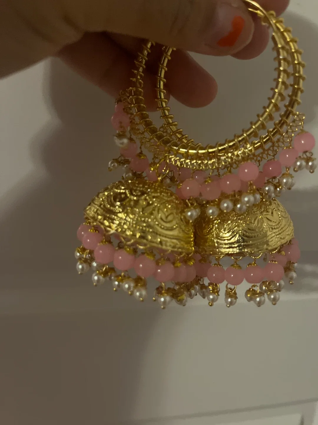 Gold Jhumka Earrings with Pink Beads image indicator(2)