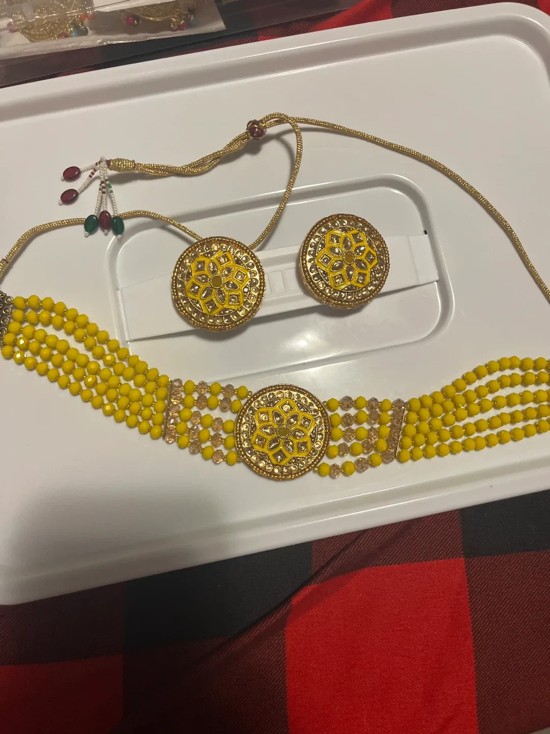 Yellow Beaded Choker Necklace & Earring Set