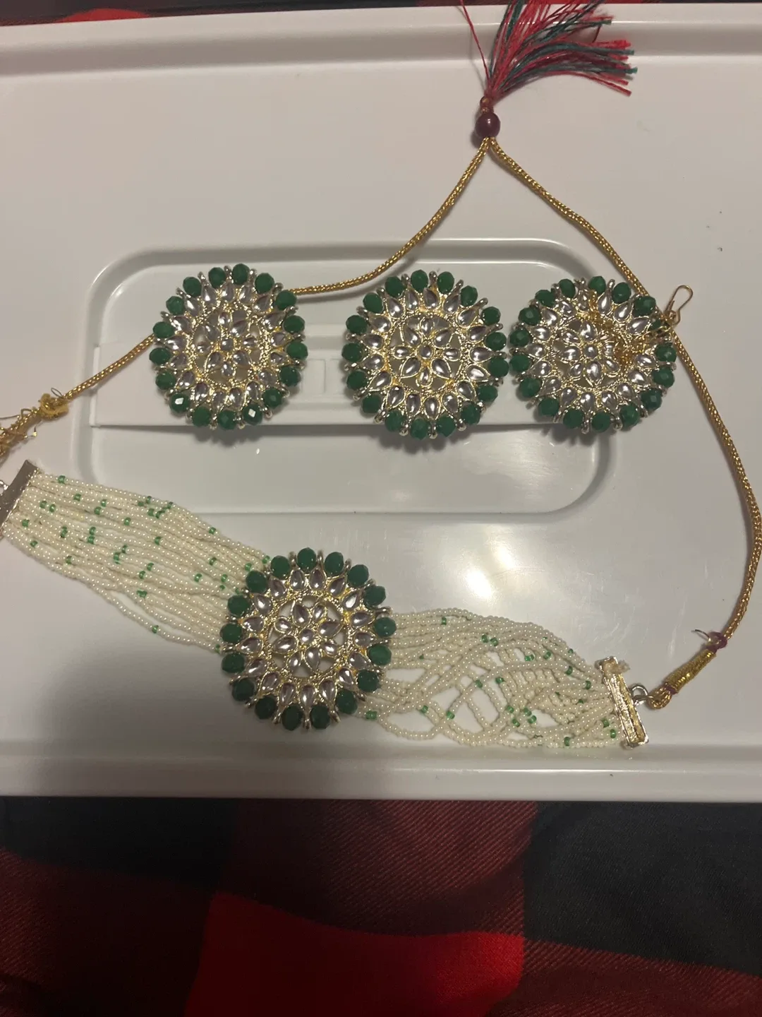 Choker and Earring Set - Green and Gold
