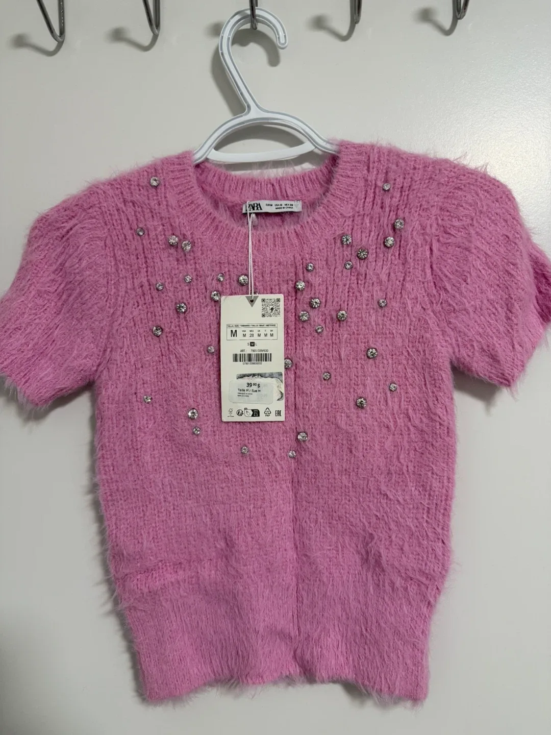 NWT- Zara Pink Embellished Fuzzy Top - Size M