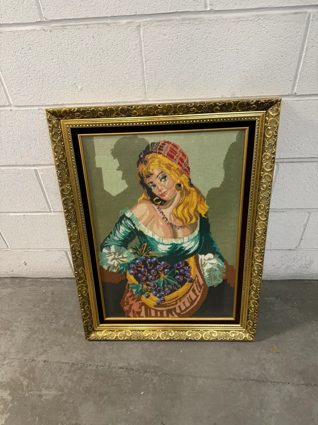 Vintage Needlepoint Art with Solid Gold Frame