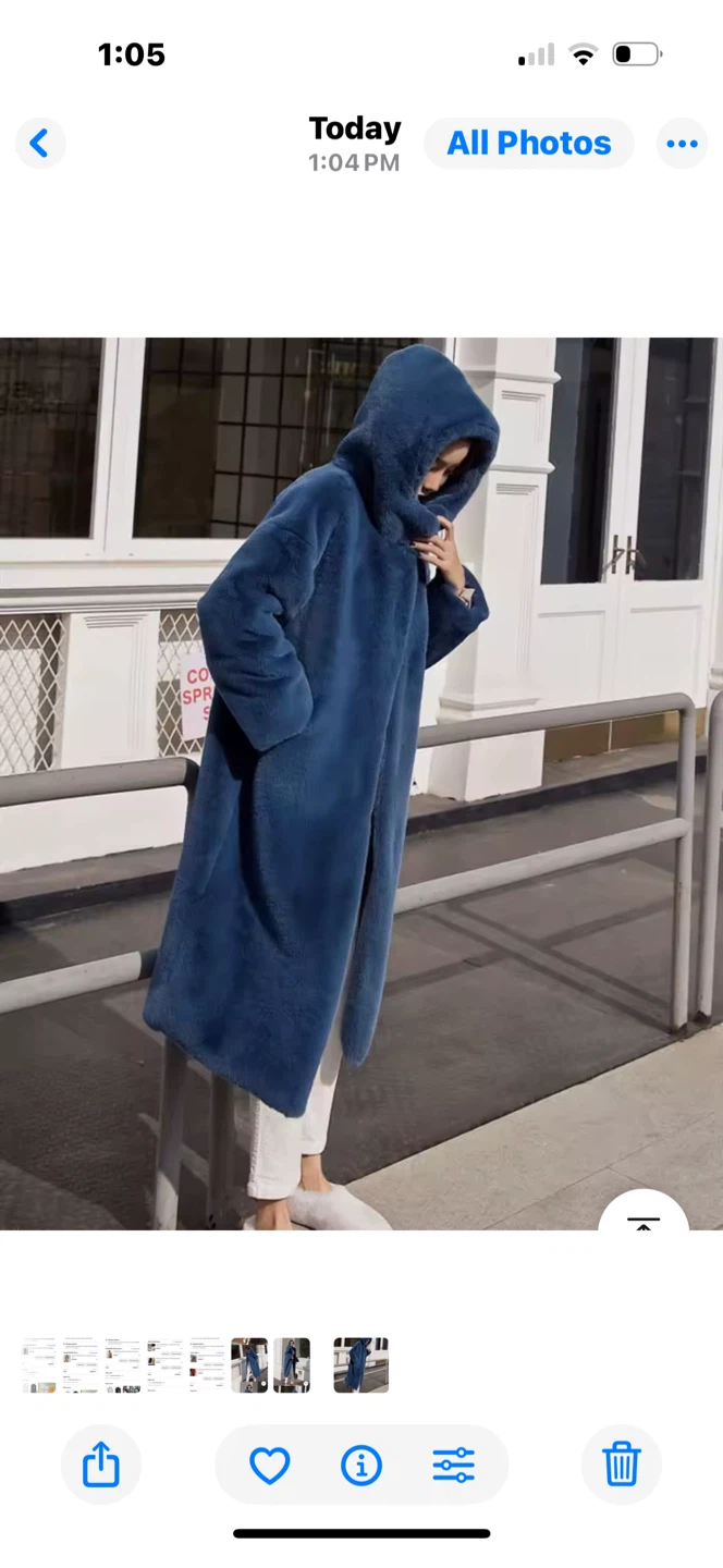 Blue Hooded Maxi Faux Fur Coat