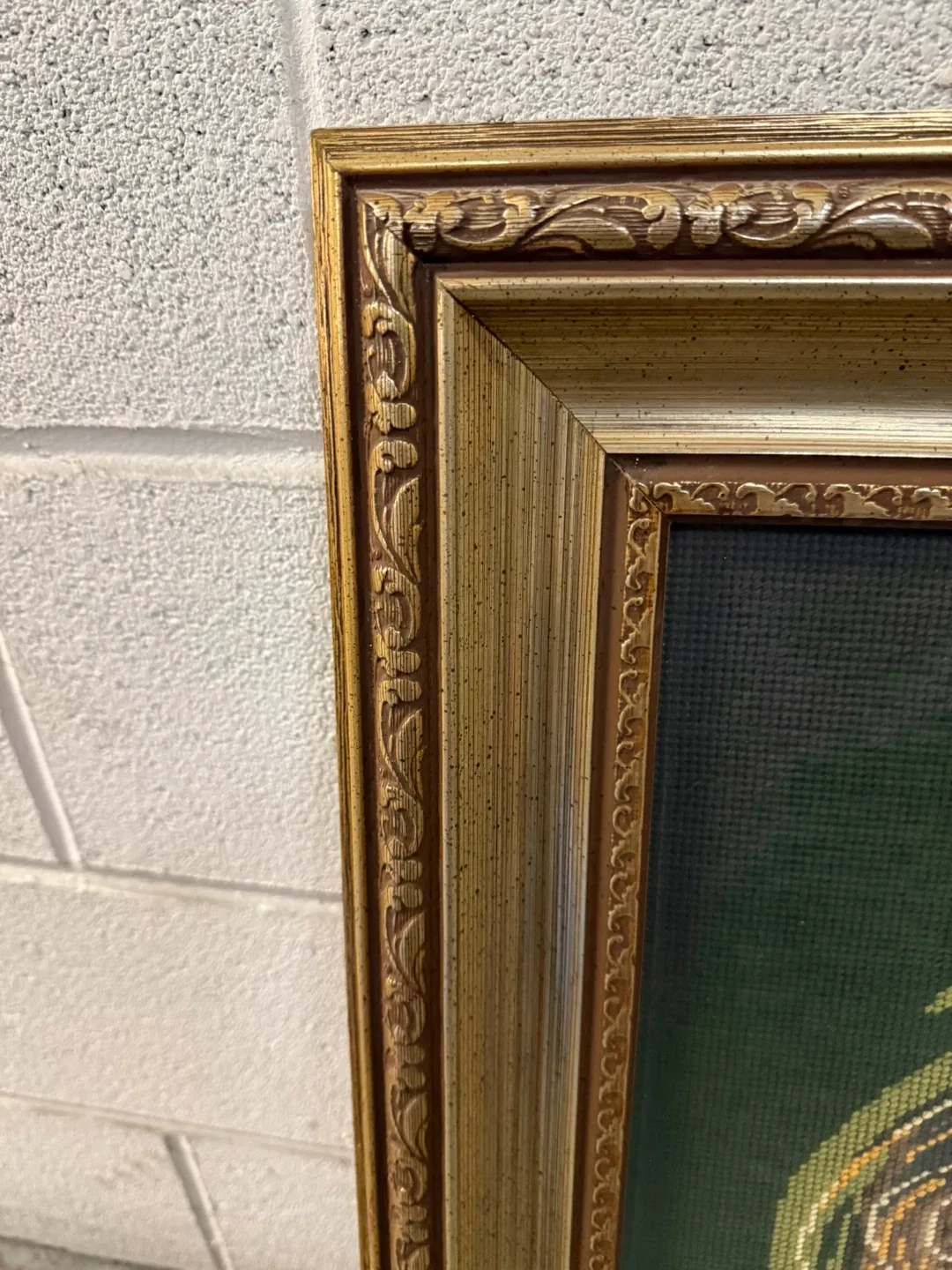 Vintage Antique Needlework Art with Solid Gold Wood Frame image indicator(3)