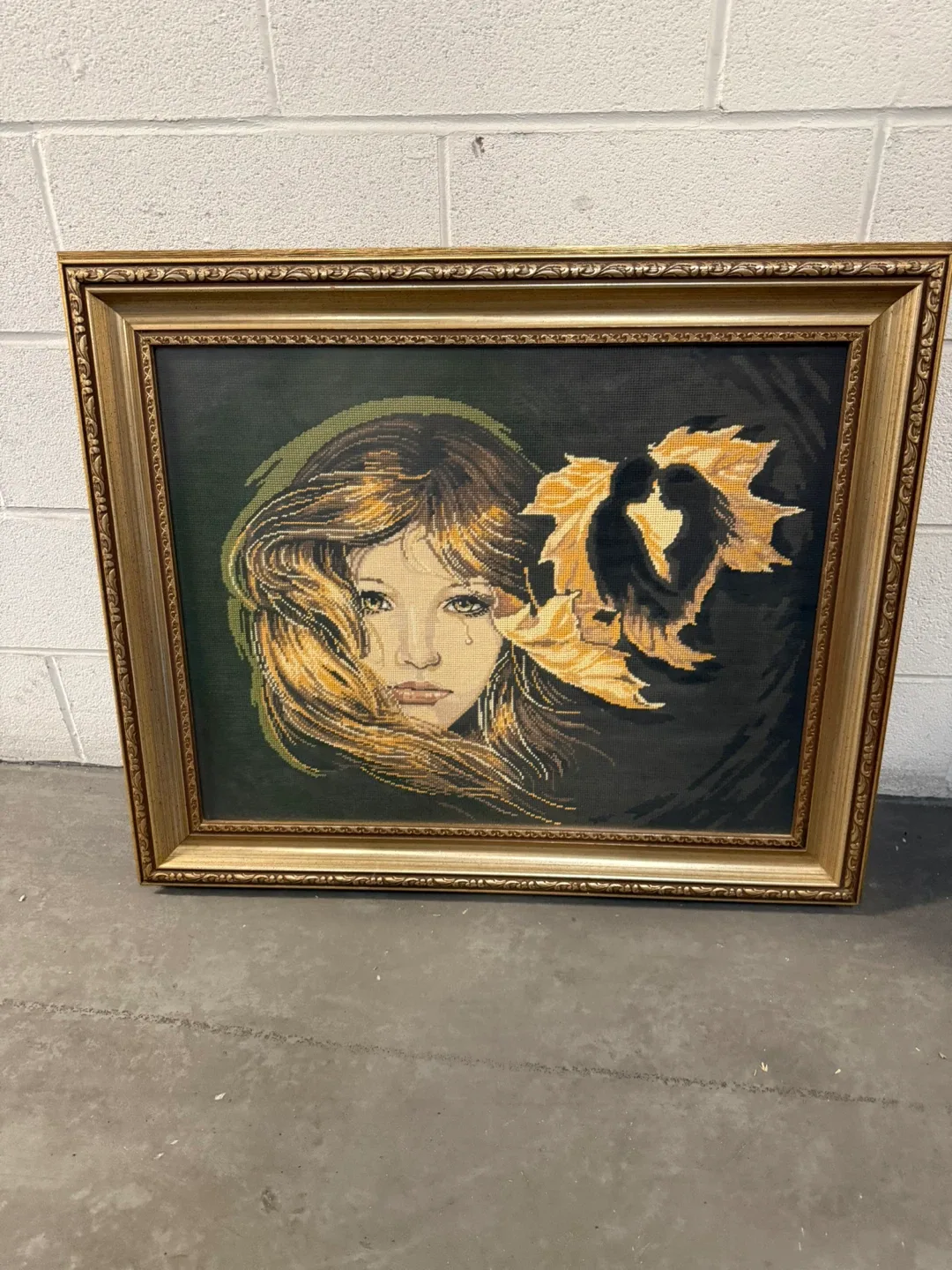 Vintage Antique Needlework Art with Solid Gold Wood Frame image indicator(2)