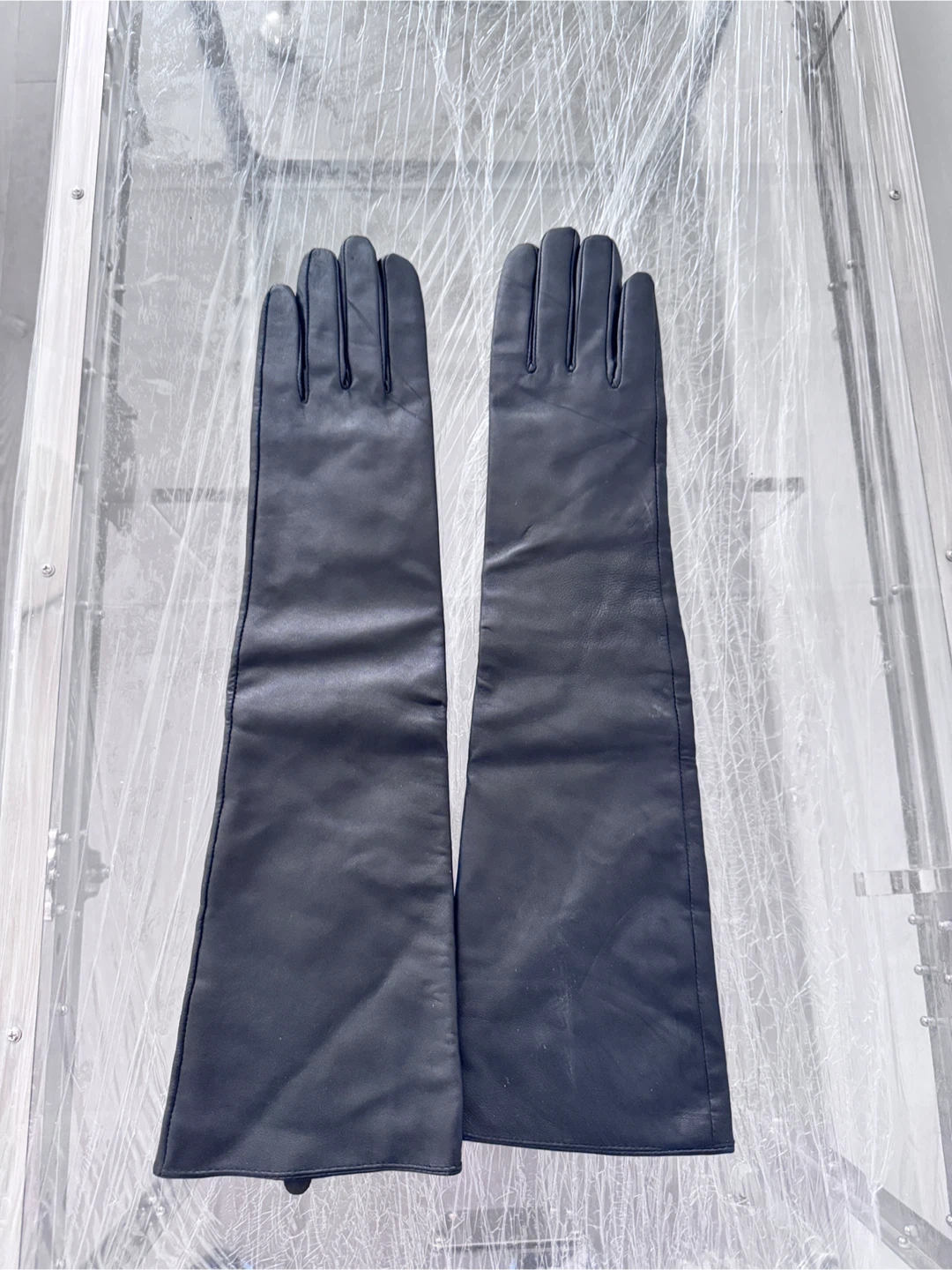 Black Leather Long Gloves - Size 8.5 - NEW - photo 2