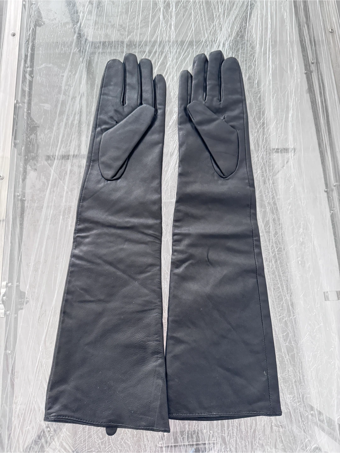 Black Leather Long Gloves - Size 8.5 - NEW - photo 3