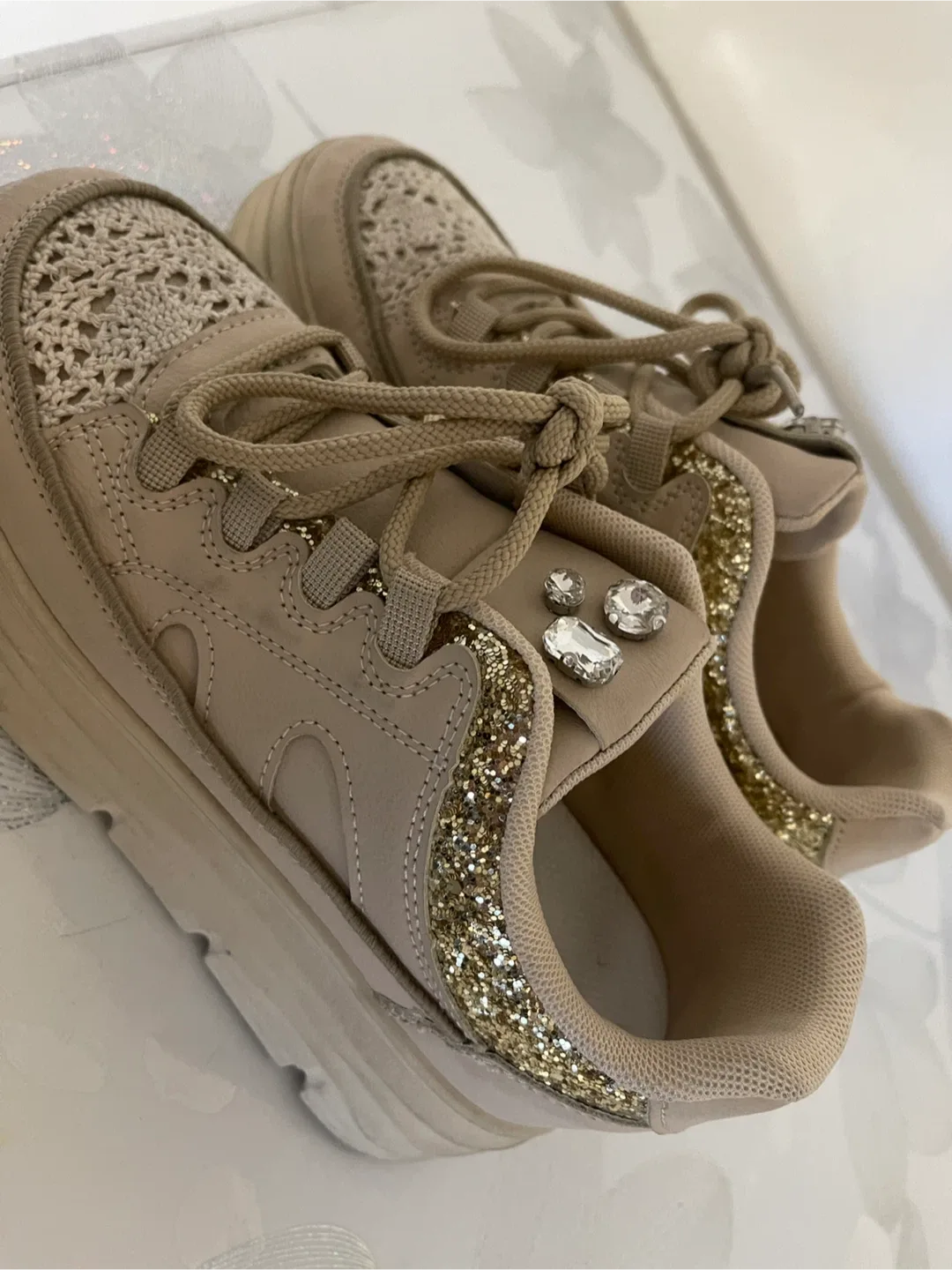 Beige Sneakers with Glitter Detail