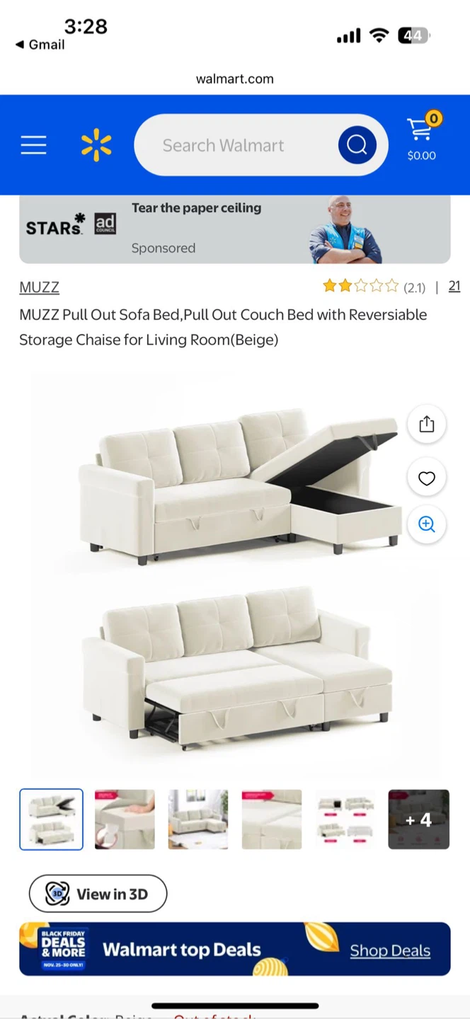 MUZZ Beige Pull Out Sofa Bed with Reversible Chaise - photo 3