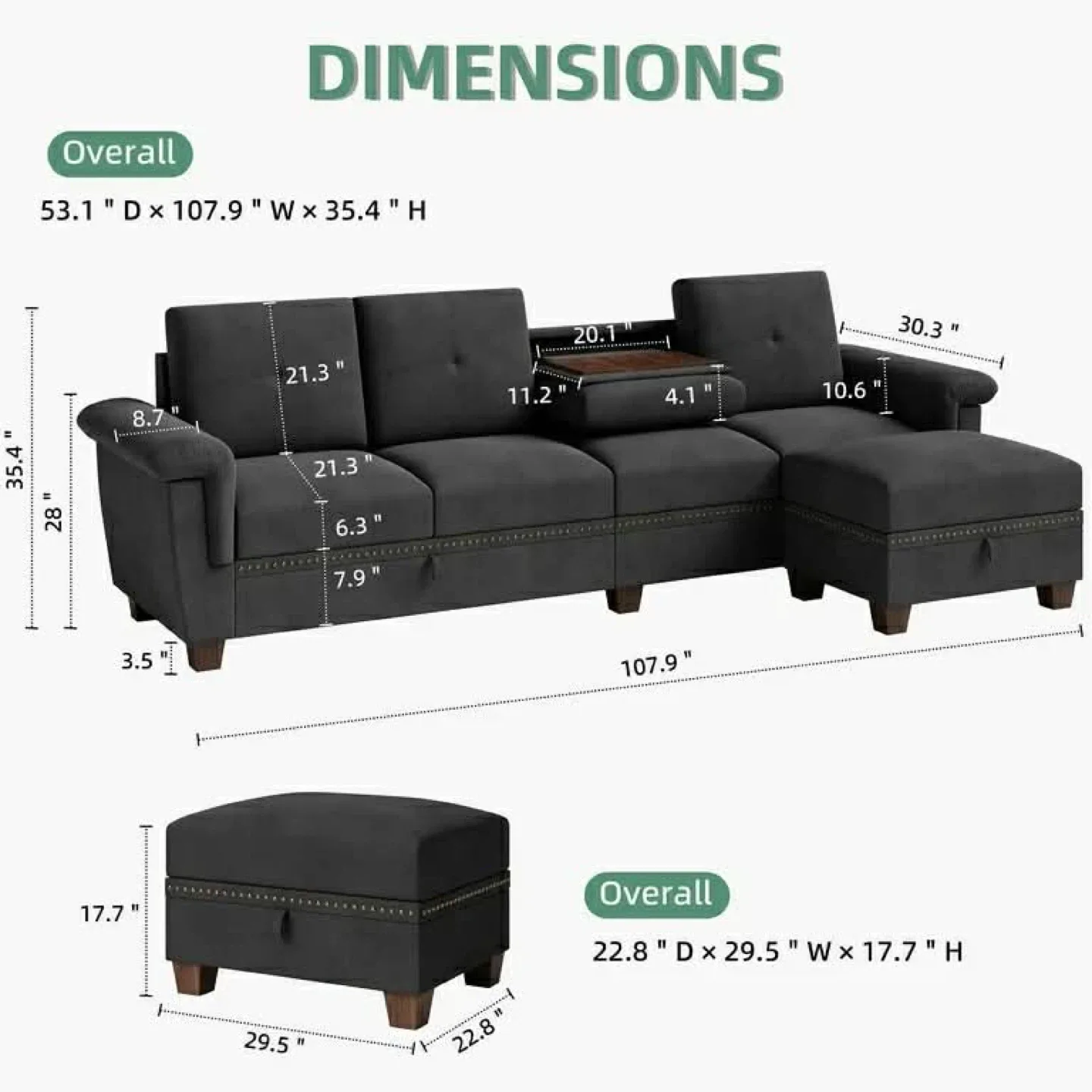 Sofa L Shaped Couch, Storage Chaise, 4 Seater with Cup Holder image indicator(3)