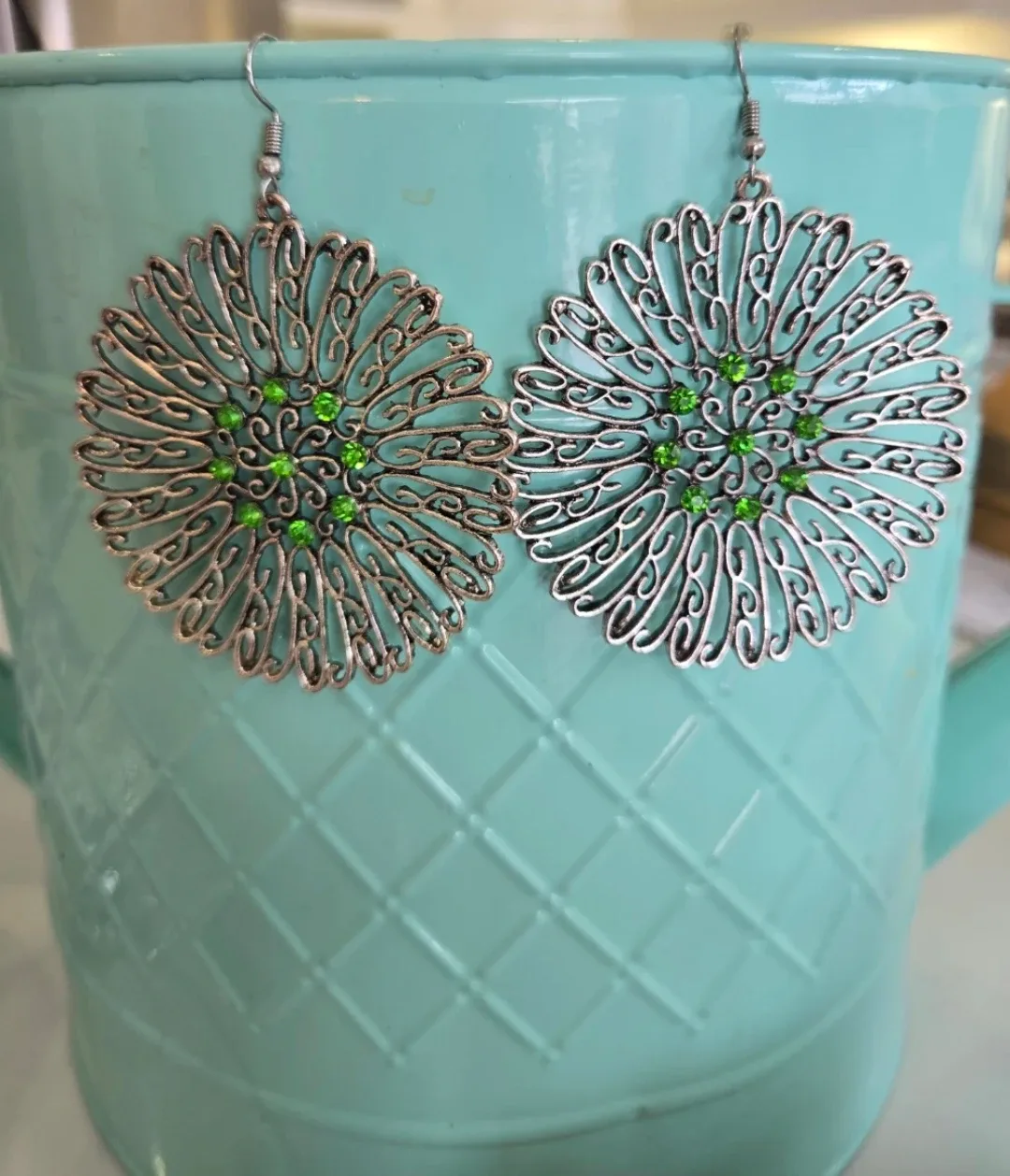 Silver Tone Floral Earrings with Green Accents image indicator(2)