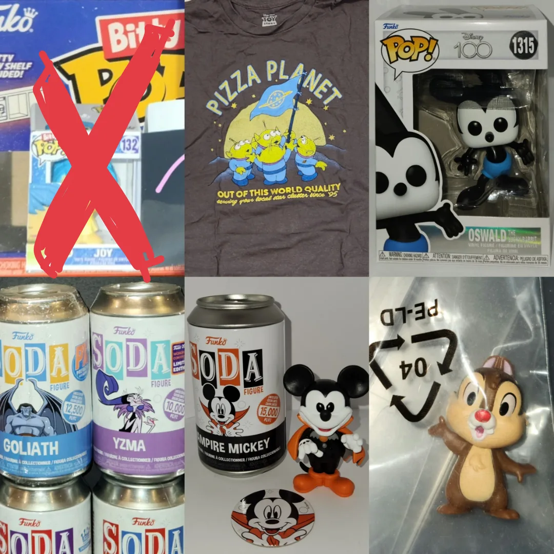 P/U Disney Bundle! 1 Shirt, MiniFig, Funko Pop & 3 Sodas
