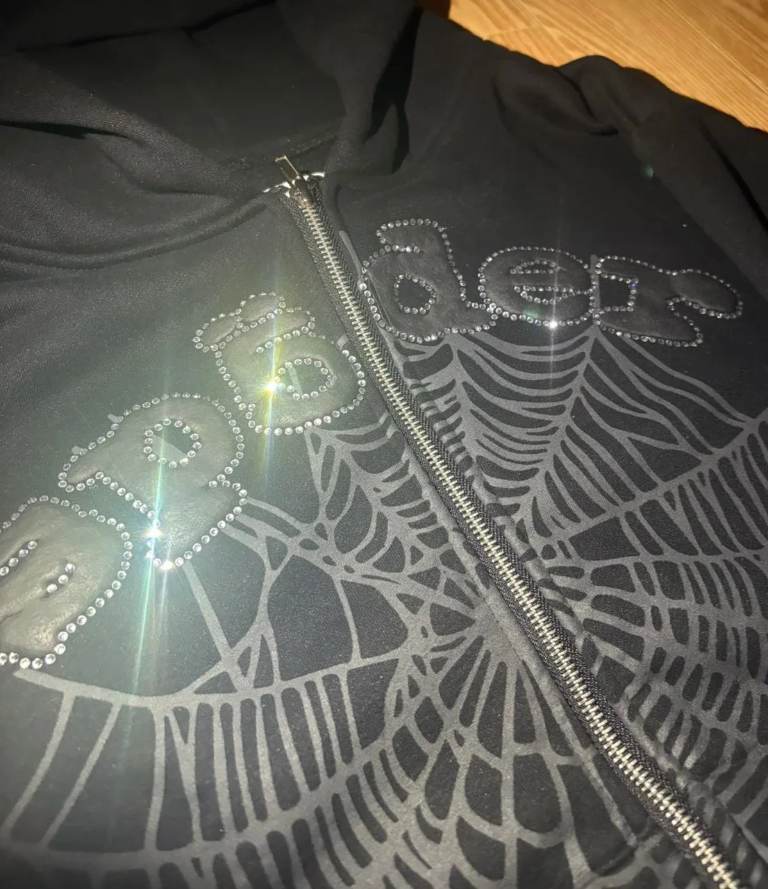 SP5DER Black Rhinestone Zip-Up Hoodie - Size S image indicator(4)