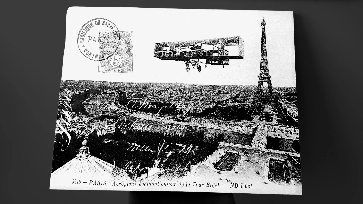 Vintage Paris Aeroplane Eiffel Tower Postcard Art. 40 x 30" image indicator(5)