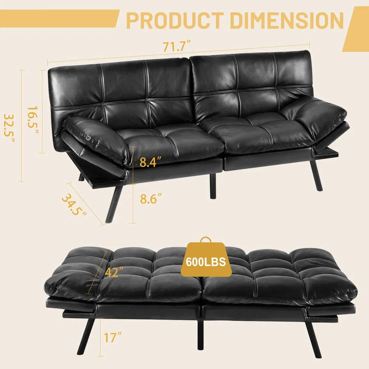Black Faux Leather Futon Sofa Bed image indicator(2)