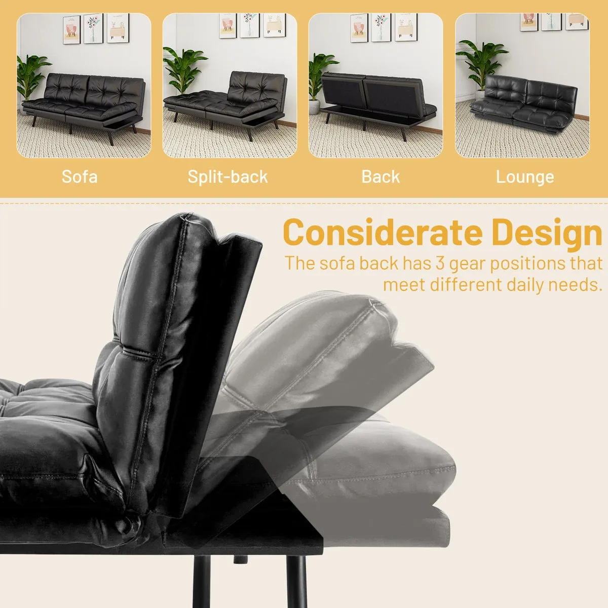 Black Faux Leather Futon Sofa Bed image indicator(4)