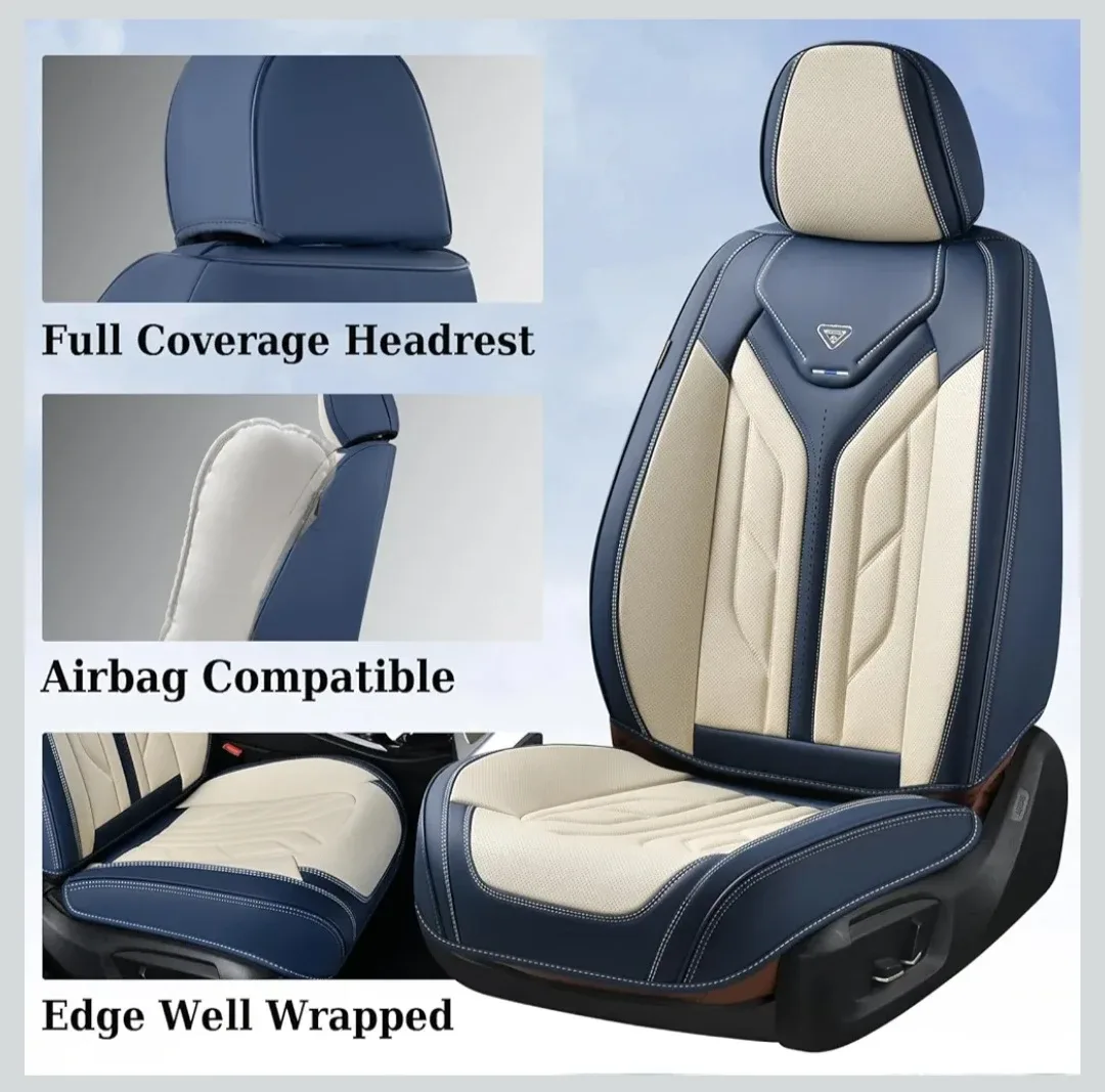 Coverado Leather Car Seat Covers - Full Set (Blue and Beige) image indicator(3)