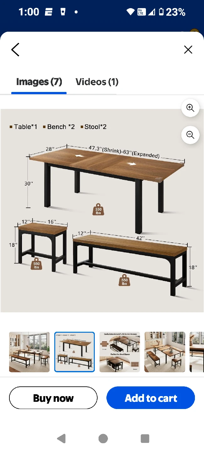 Dining Table Set: Table, 2 Benches, 2 Stools - photo 5