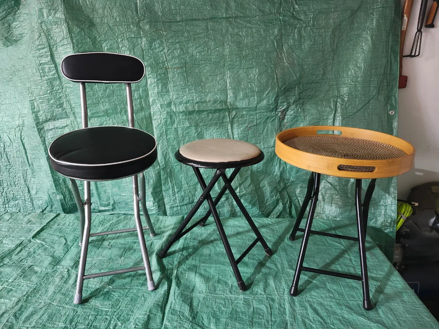 Folding Stools - Black, Beige, and Wood