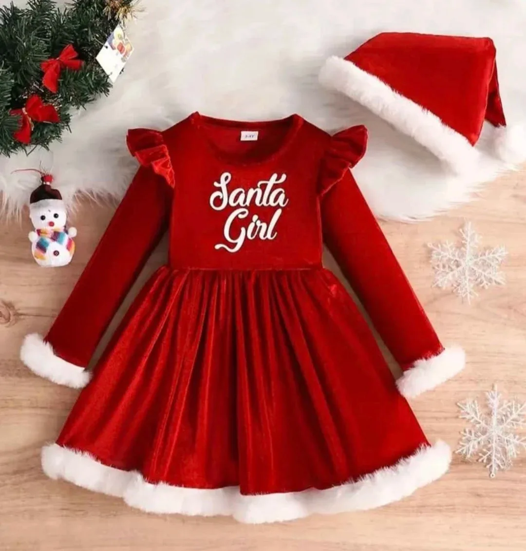 Santa Girl Red Velvet Dress & Hat
