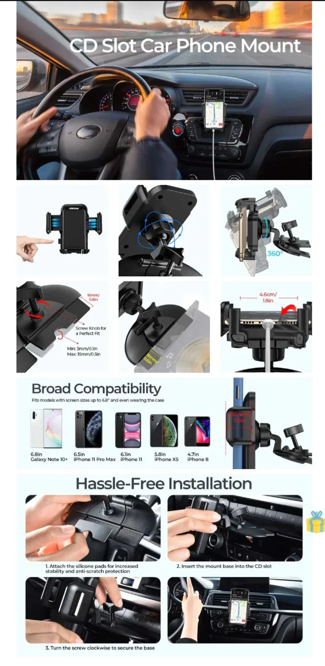 NEW!  Mpow 051BB CD Slot Car Phone Mount - Black image indicator(7)