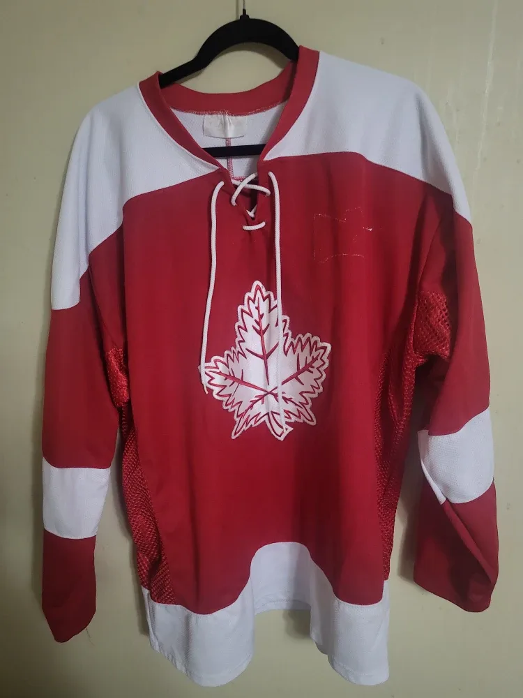 Red & White Hockey Jersey with Maple Leaf