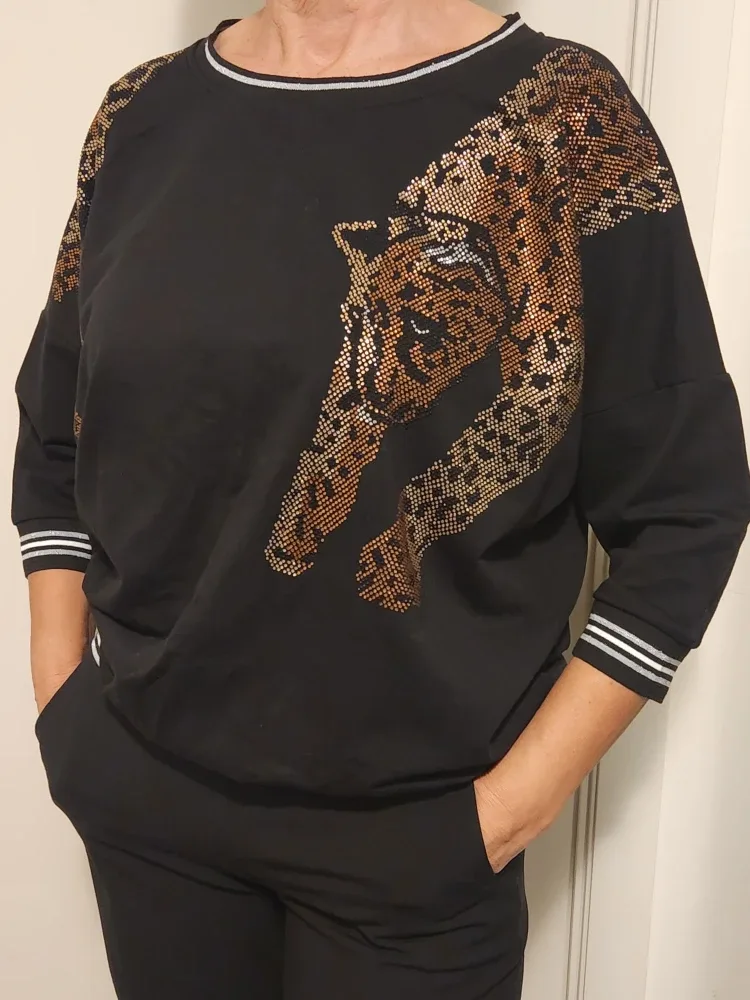 Italian MEG COLLECTION  Black Leopard Print Sweatshirt