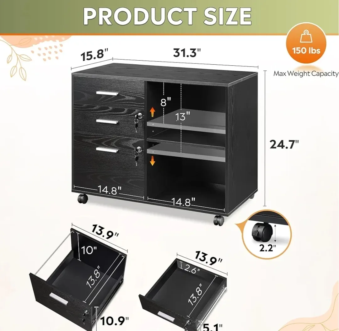 Black Wood Filing Cabinet with Lockable Drawers image indicator(6)