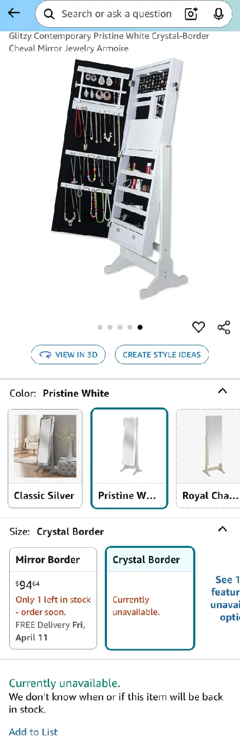 Glitzy Cheval Mirror Jewelry Armoire - Pristine White