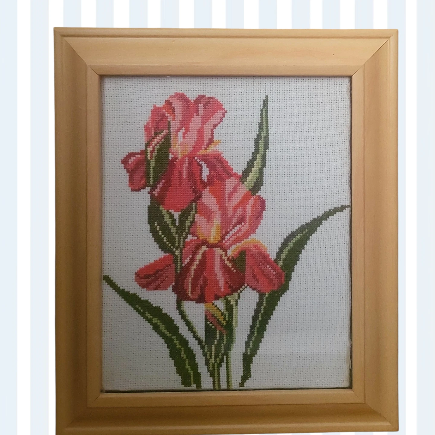 Framed Cross-Stitch Flower Art. 11 x 12 inches