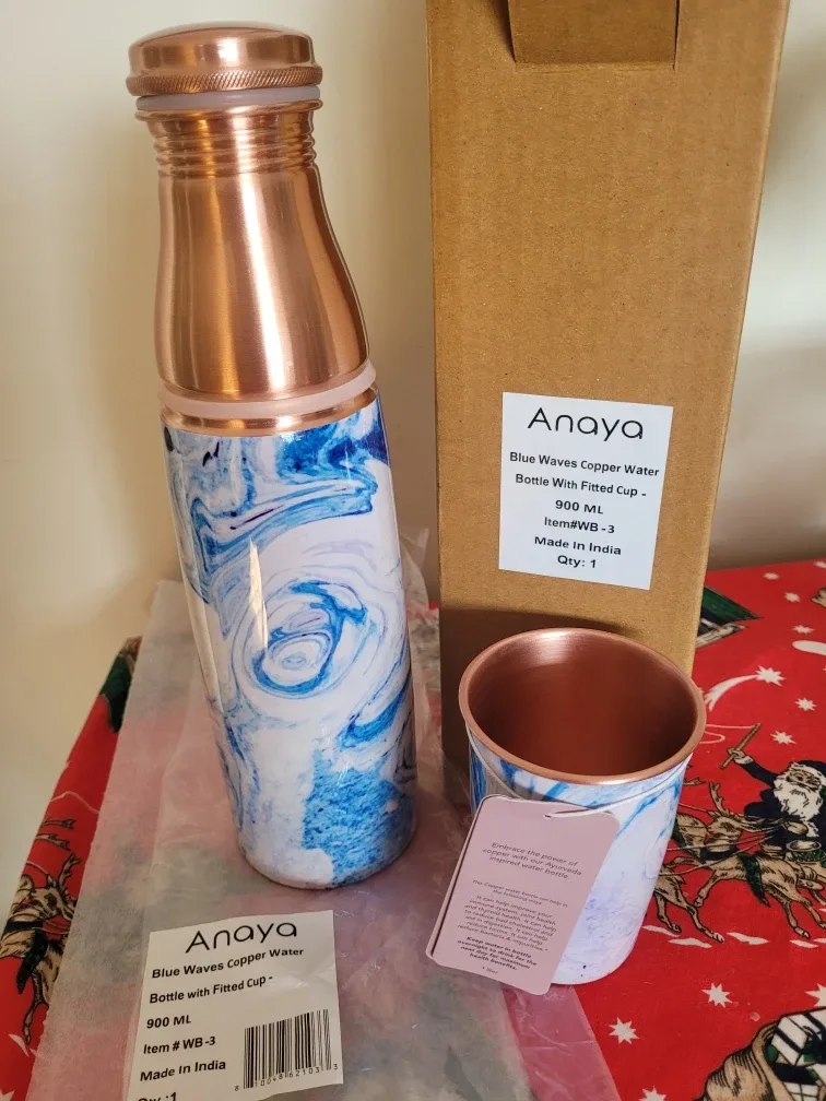 Anaya Blue Waves Copper Water Bottle & Fitted Cup🥕🎯 image indicator(2)