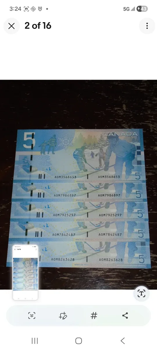 2006 Bank of Canada, $5 radar notes LOT, AOM prefix image indicator(2)