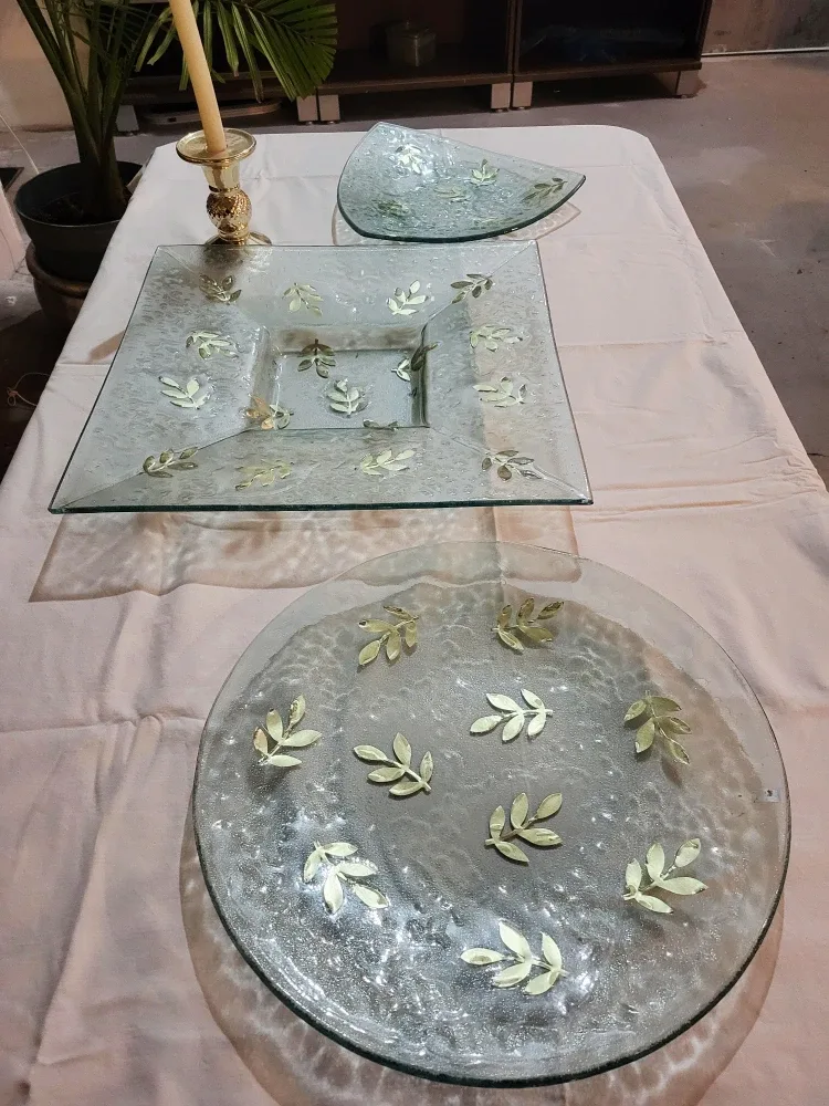 3 Large, Decorative Glass Plates, Gold Leaf Design