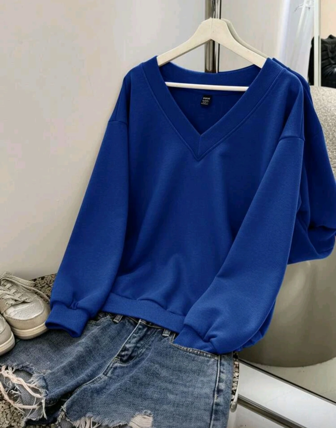 Blue Women's Oversized V-Neck Loose Casual Sweatshirt - photo 2