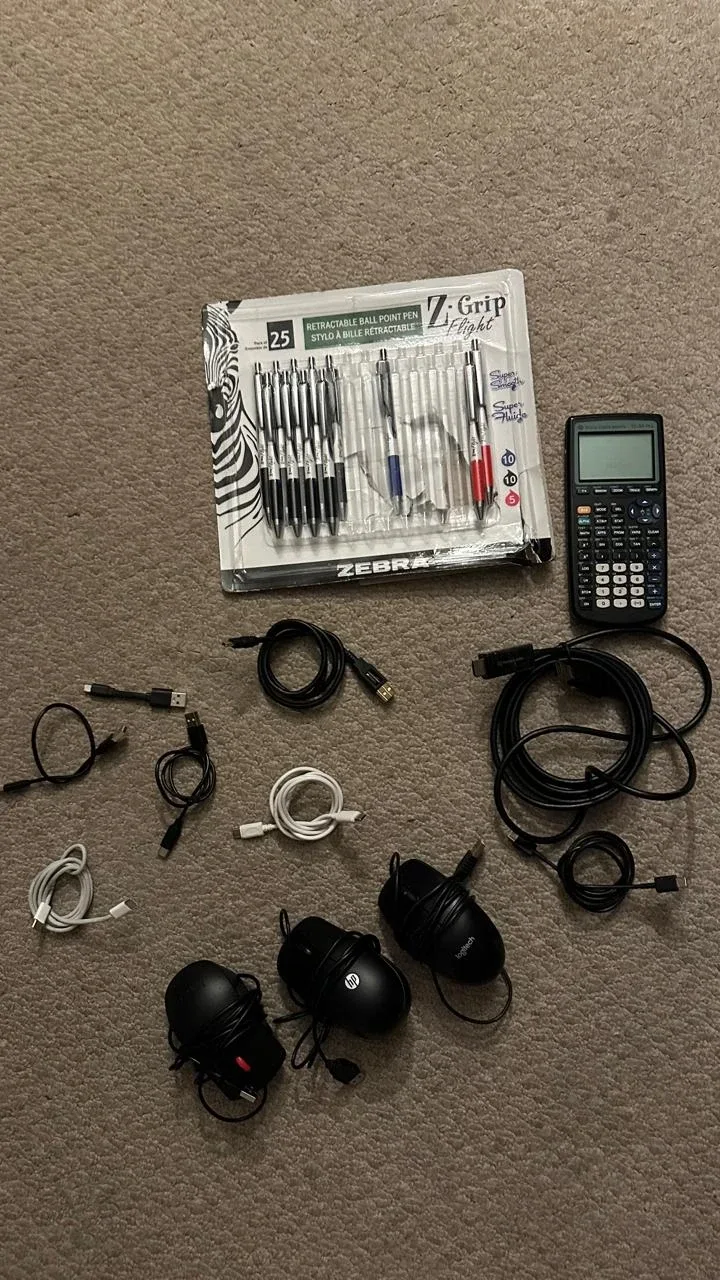 Mixed Cables, Mice, Pens, Calculator