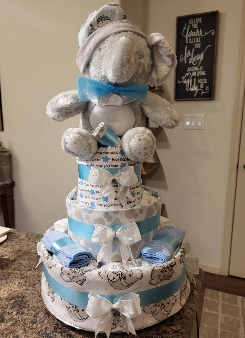 Baby Diaper Cake with Plush Elephant Topper