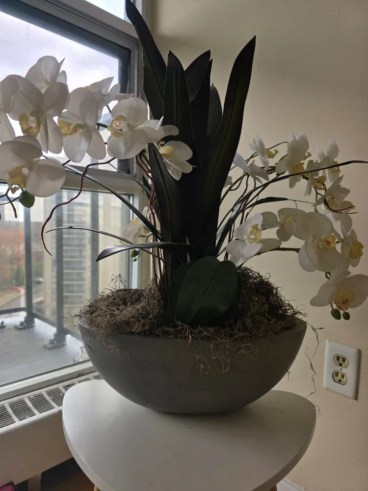 Artificial White Orchid Plant in Grey Pot