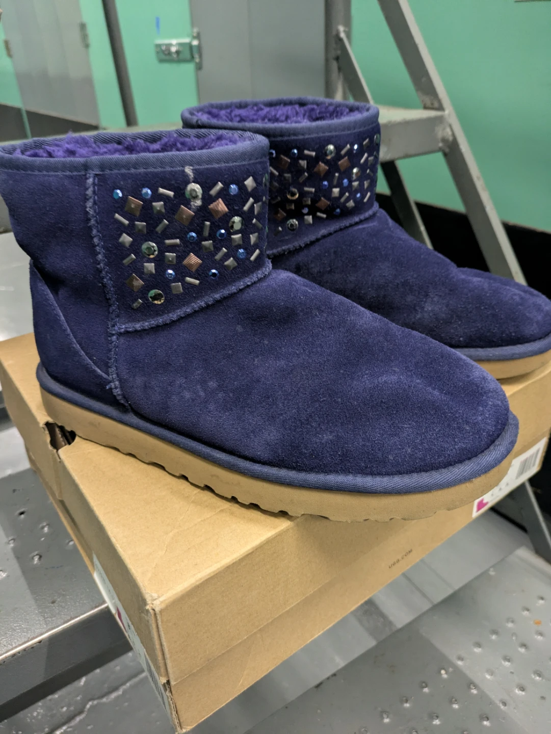 UGG WOMEN'S CLASSIC SUEDE STUDDED SHEARLING LINED BOOTS BLUE‎